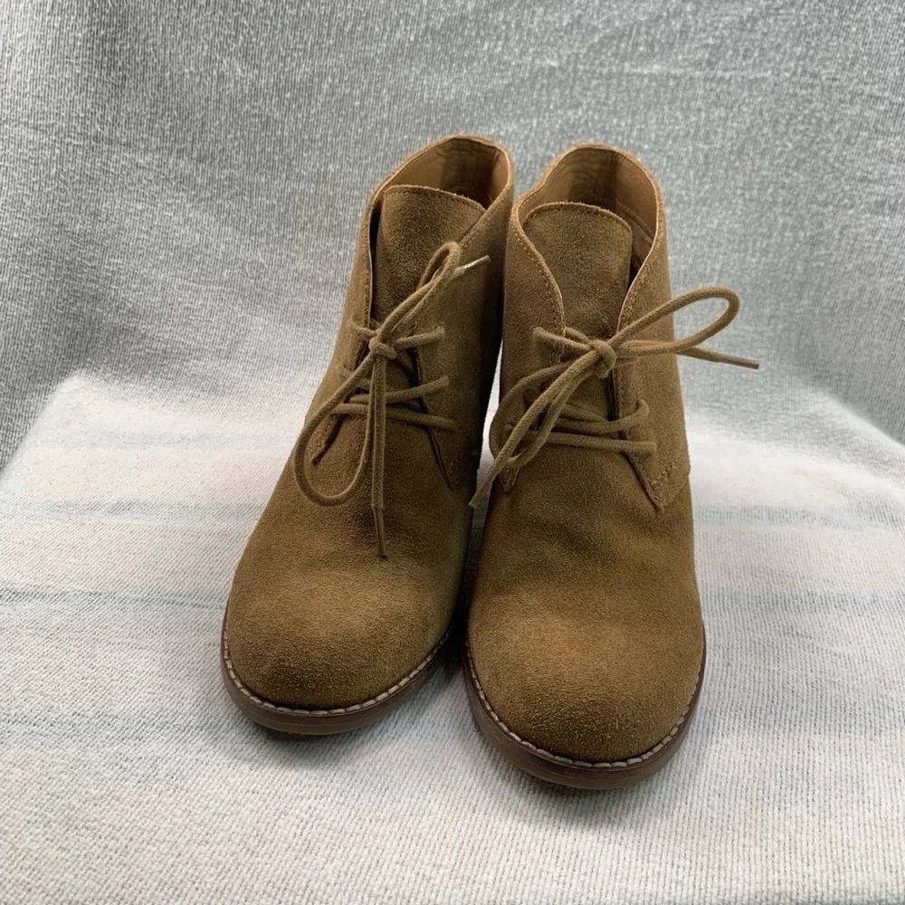 Lucky Brand Yamene Suede Wedge Ankle‎ Booties Heeled Lace-up Boot Khaki Size 6 M